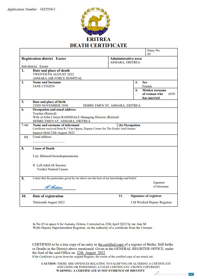 Download Eritrea vital record death certificate Word and PDF template Photoshop template